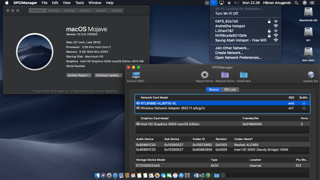 Success Hackintosh macOS Mojave 10.14.6 Build 18G84 at Dell Alienware X51 PC